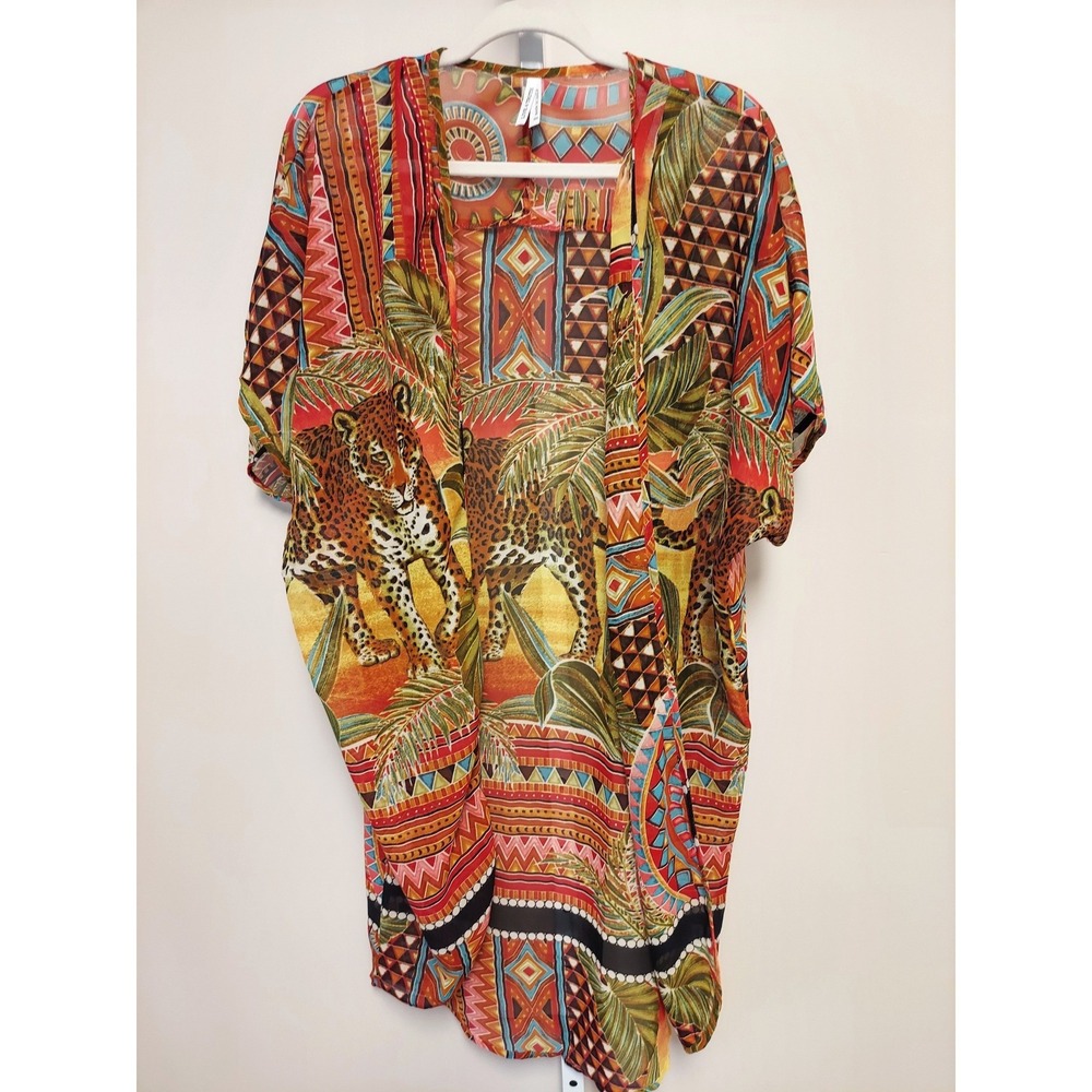 Sheer Leopard Jungle Print Sheer Kimono Open Cardigan M Bohemian Eclectic Resort